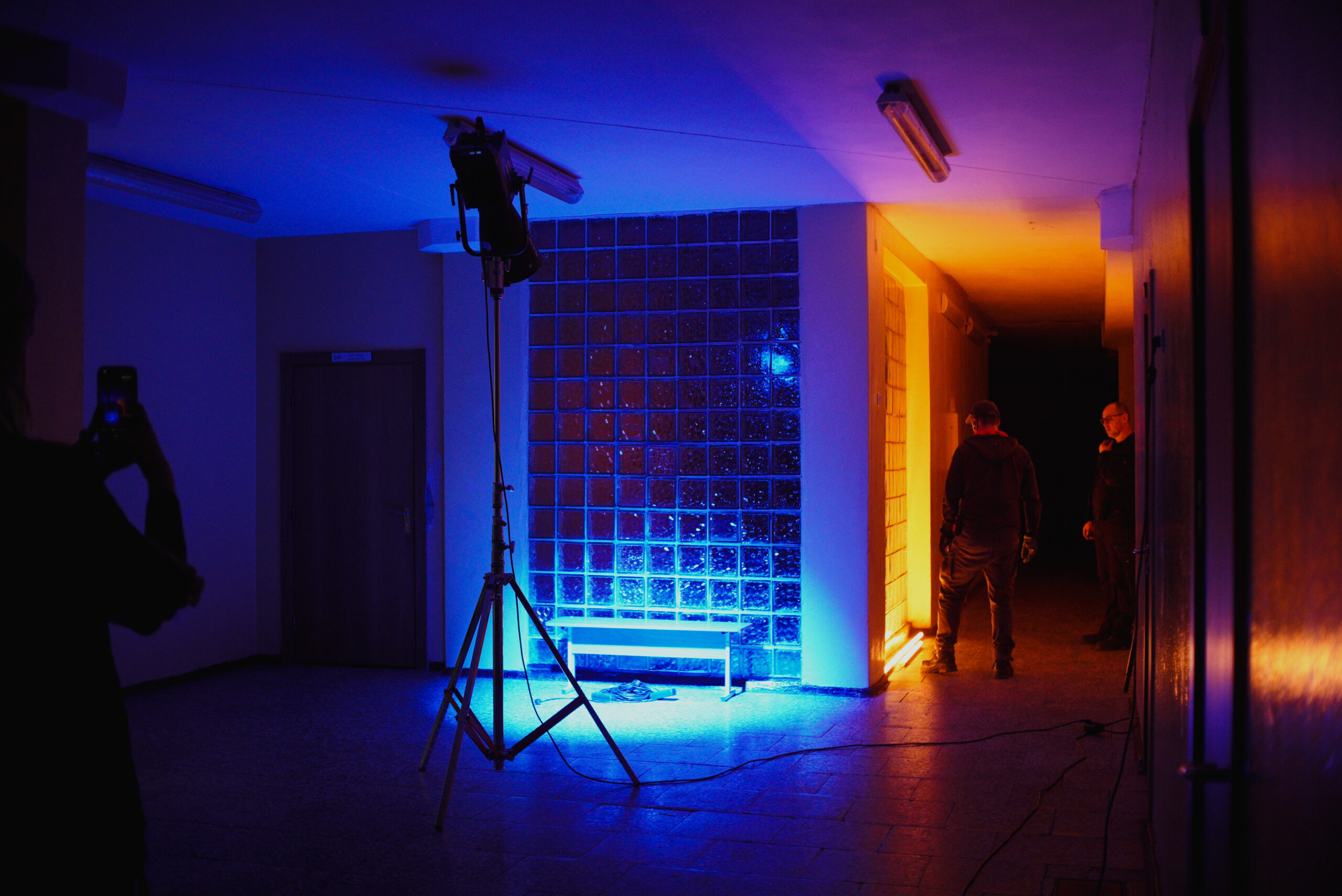 Blue and warm lighting in the school corridor