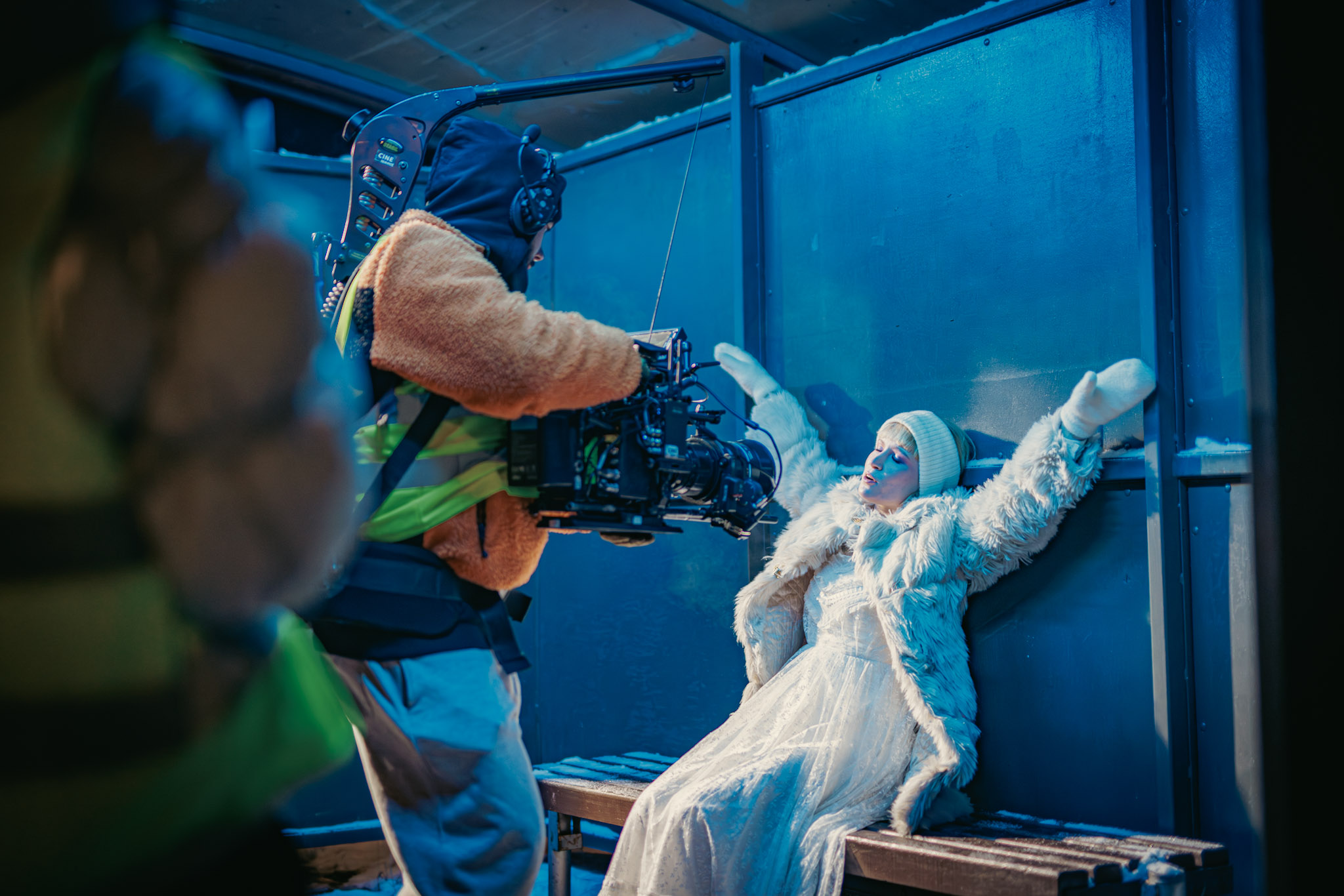 Monetochka and camera crew at the blue bus stop