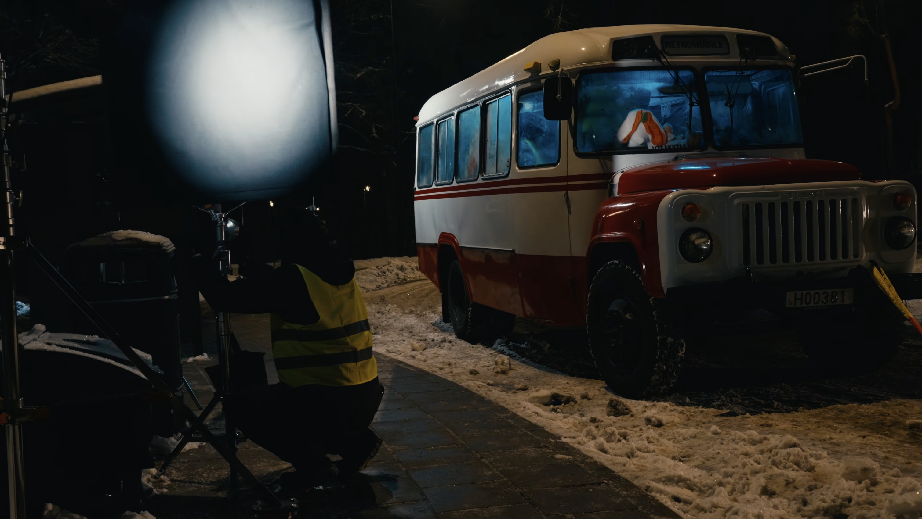 Lighting the vintage bus for the Self-Harm night shoot