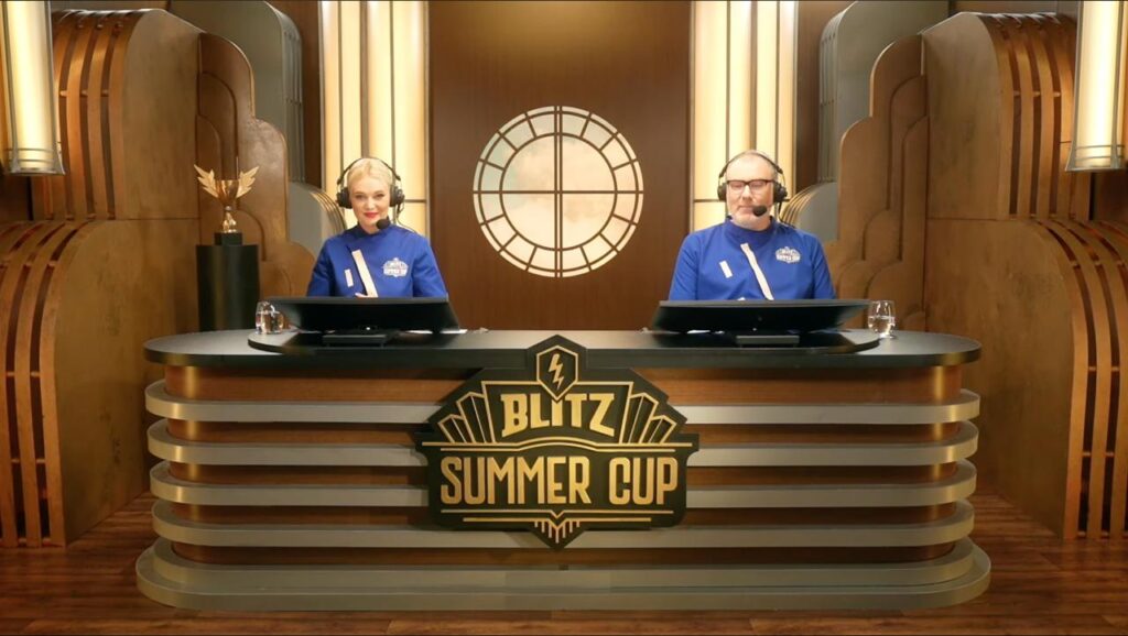 Blitz Summer Cup broadcast studio with gold Art Deco scenery created by Labas Krabas for Wargaming