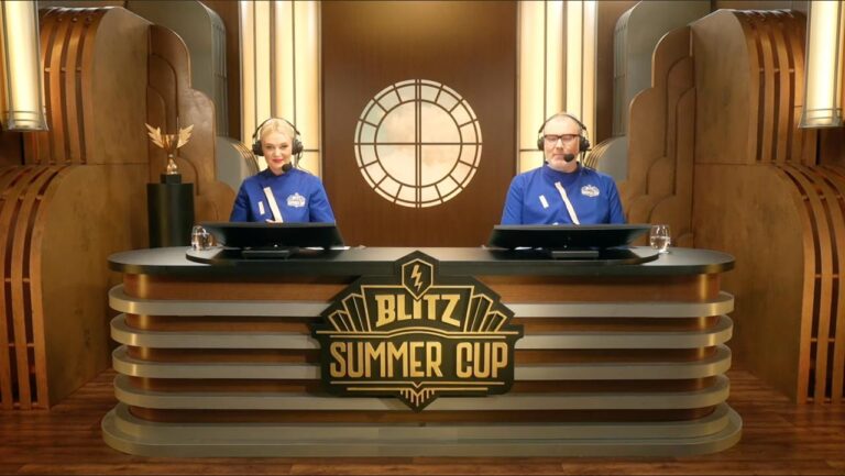 Blitz Summer Cup broadcast studio with gold Art Deco scenery created by Labas Krabas for Wargaming